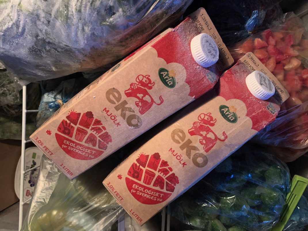 Två mjölkpaket med fruset innehåll i en frysbox. Reusing milk cartons, frozen carton in the freezer.